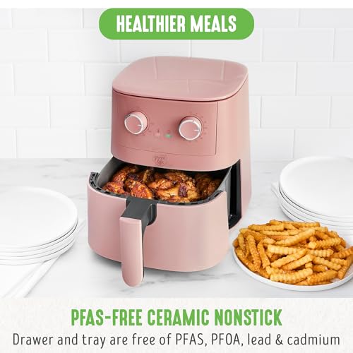 GreenLife 4.5QT Air Fryer, Mechanical Dial Controls, PFAS-Free Ceramic Nonstick Drawer, Adjustable Temp & Timer, LED Indicator, Oil-Less Cooking, Dishwasher Safe, Compact Family Size, Pink