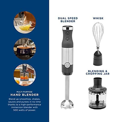 GE Immersion Blender | Handheld Blender for Shakes, Smoothies, Baby Food & More | Includes Whisk & Blending Jar | 2-Speed | Interchangeable Attachment for Easy Clean | 500 Watts | Stainless Steel