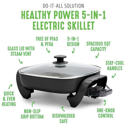 GreenLife 12" 5QT Square Electric Skillet, Glass Vented Lid, Ceramic PFAS-Free Nonstick Coated Interior, Adjustable Temperature Control, Cool Touch Handles, Quick Even Heating, Scratch Resistant,Black