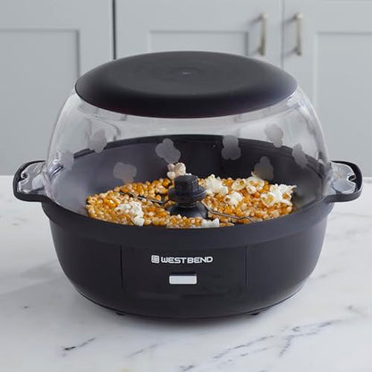 West Bend Stir Crazy Hot Oil Popcorn Popper, Popcorn Maker Machine with Large Serving Bowl Lid and Stirring Rod, 6 Qt, Black