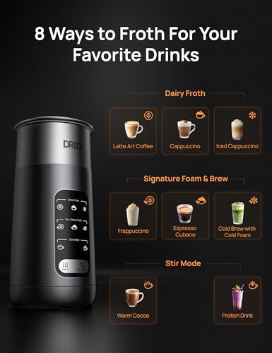 DREO Milk Frother, 8-in-1 Electric Stainless Steel Frother for Latte Art Microfoam and Coffee, 9oz/270ml Warm and Cold Foam Automatic Frothers, LED, Easy to Clean
