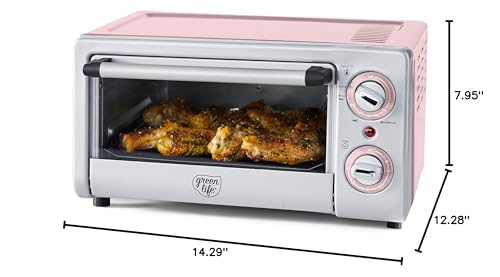 GreenLife Countertop Toaster Oven Air Fryer Stainless Steel, Healthy Ceramic Nonstick, PFAS Free, Tray & Basket, Bake, Broil, Reheat, Adjustable Temp & Time Control, Auto Shutoff, Pink