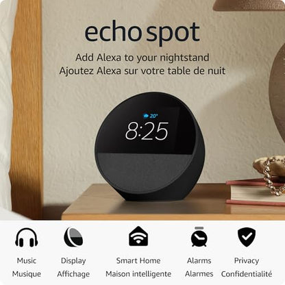 Amazon Echo Spot (newest model), Great for nightstands, offices and kitchens, Smart alarm clock with Alexa, Black