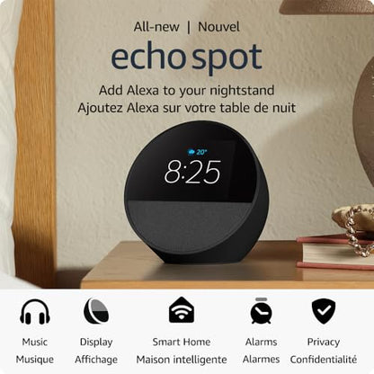 Amazon Echo Spot (newest model), Great for nightstands, offices and kitchens, Smart alarm clock with Alexa, Black