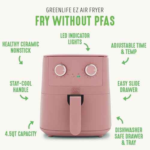 GreenLife 4.5QT Air Fryer, Mechanical Dial Controls, PFAS-Free Ceramic Nonstick Drawer, Adjustable Temp & Timer, LED Indicator, Oil-Less Cooking, Dishwasher Safe, Compact Family Size, Pink