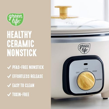 GreenLife 3.5QT Slow Cooker, PFAS-Free Non-Toxic Ceramic Nonstick Removable Interior Bowl, Programmable, Keep Warm, Stovetop & Oven Safe Pot, Dishwasher Safe Crock & Glass Lid, Cream