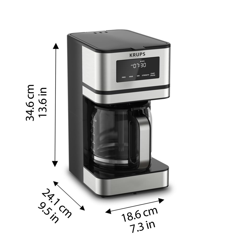 KRUPS Simply Brew: Stainless Steel and Glass Carafe 12 Cup Drip Coffee Maker, Programmable with Digital Display, Dishwasher Safe, Drip Free Coffee Machine, Black and Silver