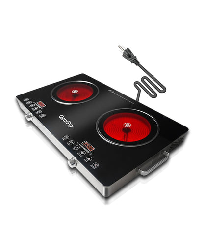 23" Portable Infrared 2 Burner 3500 Electri Burner with 2 Hours Timer-Electric Hot Plate Touch Control Panel Adjustable Heating Power Glass Plate Electric Cooktop for Cooking