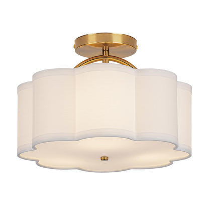 CALOKES Semi Flush Mount Ceiling Light, 11.8" Modern 3-Light Fixture with Petal-Shaped Cream White Fabric Shade and Golden Support Arm, Ideal for Bedroom, Kitchen, Living Room, Hallway, and Entryway
