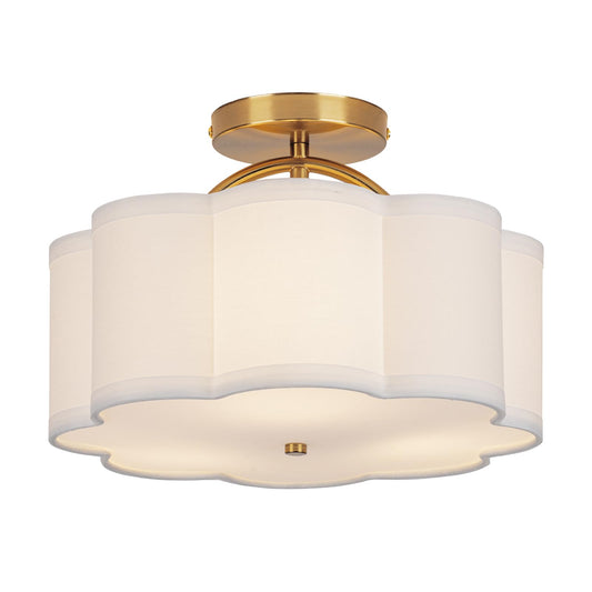 CALOKES Semi Flush Mount Ceiling Light, 11.8" Modern 3-Light Fixture with Petal-Shaped Cream White Fabric Shade and Golden Support Arm, Ideal for Bedroom, Kitchen, Living Room, Hallway, and Entryway