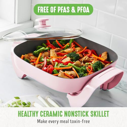 GreenLife12" 5QT Square Electric Skillet, Glass Vented Lid, Ceramic PFAS-Free Nonstick Coated Interior, Adjustable Temperature Control, Cool Touch Handles, Quick Even Heating, Scratch Resistant, Pink