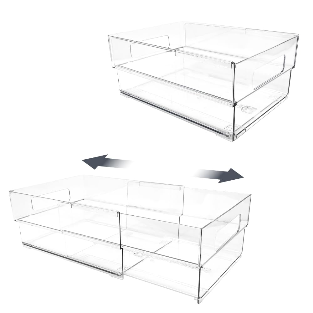 Isaac Jacobs 2-Pack Clear Expandable Storage Bins - Medium, 11"-19" L x 8.5" W x 4.8" H, Plastic Organizer with Cut-Out Handles, Adjustable Length from 11-19" for Home, Kitchen & Office