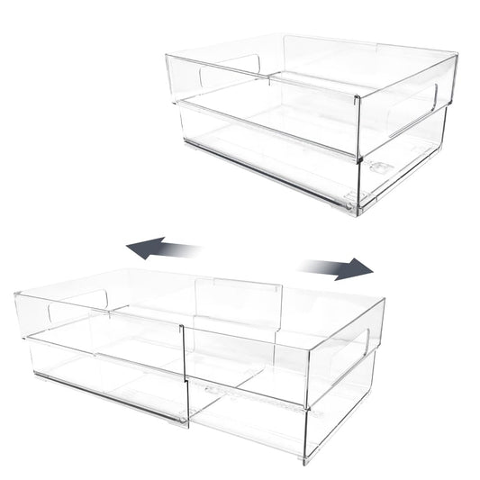 Isaac Jacobs 2-Pack Clear Expandable Storage Bins - Medium, 11"-19" L x 8.5" W x 4.8" H, Plastic Organizer with Cut-Out Handles, Adjustable Length from 11-19" for Home, Kitchen & Office