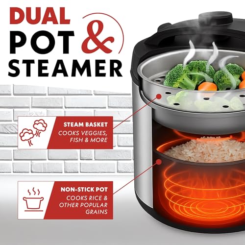 Gourmia Rice Cooker – 5 Qt Capacity, 20 Cup Cooked, 10 Cup Uncooked, Digital Controls, 6 Cooking Presets, Grain Cooker & Steamer, Nonstick Pot, Steam Tray, Delay Timer, Keep Warm, Stainless Steel
