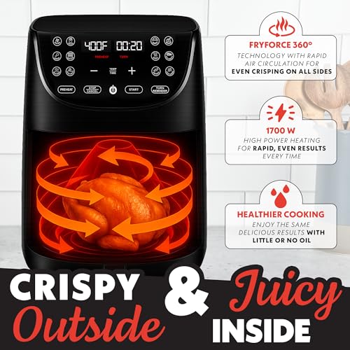 Gourmia Air Fryer - 7 Qt Large Capacity, FryForce 360º, Digital Display with 12 Presets, Roast, Bake, Broil, Dehydrate, Dishwasher Safe Accessories, Black