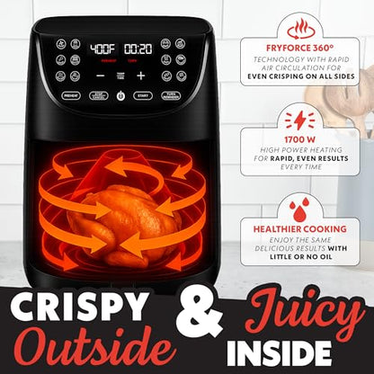 Gourmia Air Fryer - 7 Qt Large Capacity, FryForce 360º, Digital Display with 12 Presets, Roast, Bake, Broil, Dehydrate, Dishwasher Safe Accessories, Black