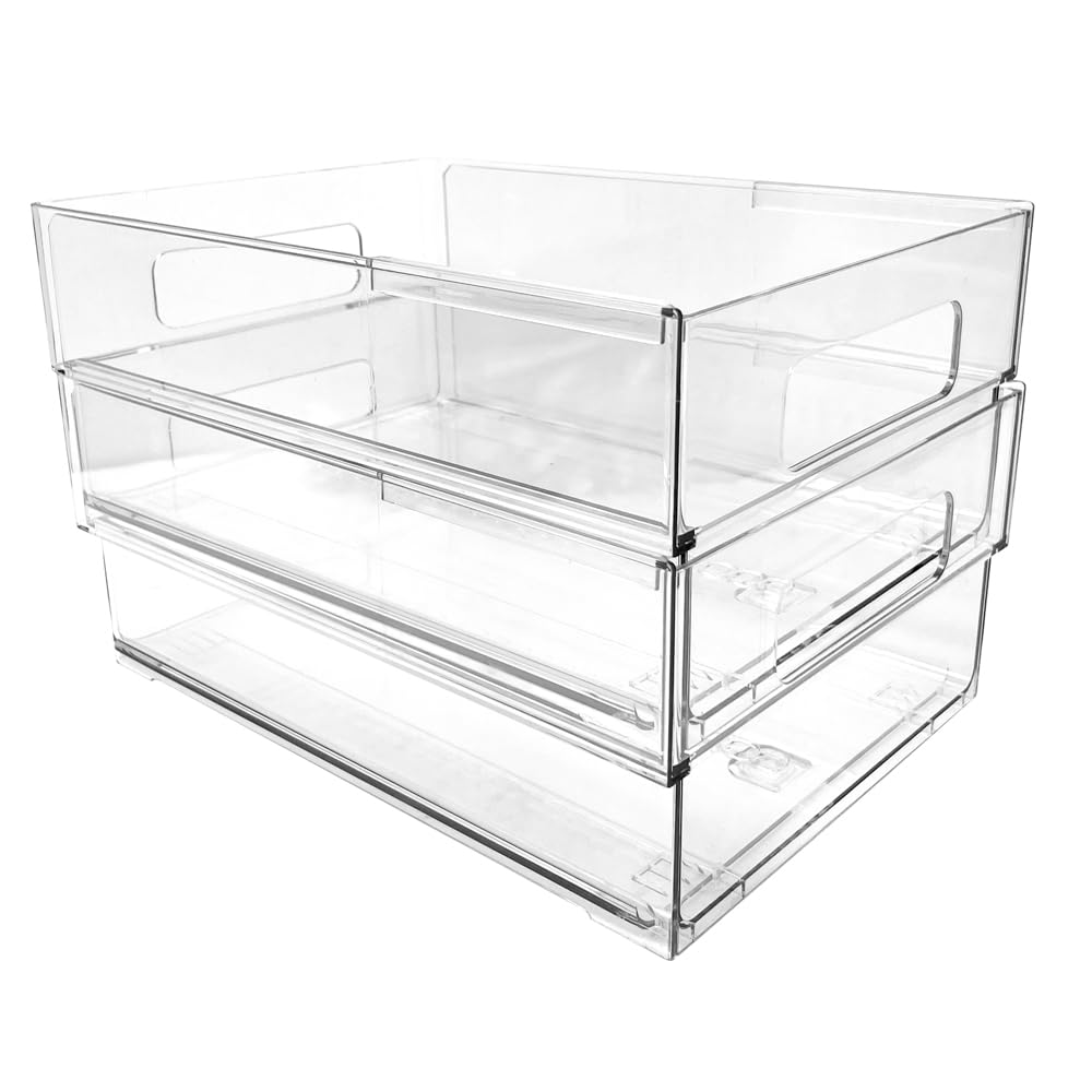Isaac Jacobs 2-Pack Clear Expandable Storage Bins - Medium, 11"-19" L x 8.5" W x 4.8" H, Plastic Organizer with Cut-Out Handles, Adjustable Length from 11-19" for Home, Kitchen & Office