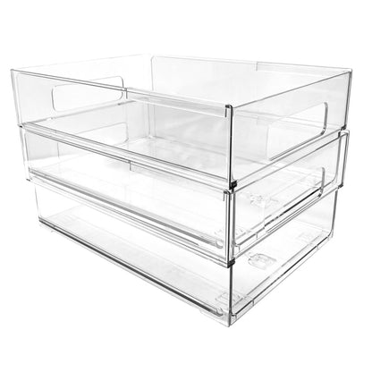 Isaac Jacobs 2-Pack Clear Expandable Storage Bins - Medium, 11"-19" L x 8.5" W x 4.8" H, Plastic Organizer with Cut-Out Handles, Adjustable Length from 11-19" for Home, Kitchen & Office