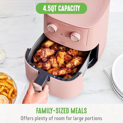 GreenLife 4.5QT Air Fryer, Mechanical Dial Controls, PFAS-Free Ceramic Nonstick Drawer, Adjustable Temp & Timer, LED Indicator, Oil-Less Cooking, Dishwasher Safe, Compact Family Size, Pink