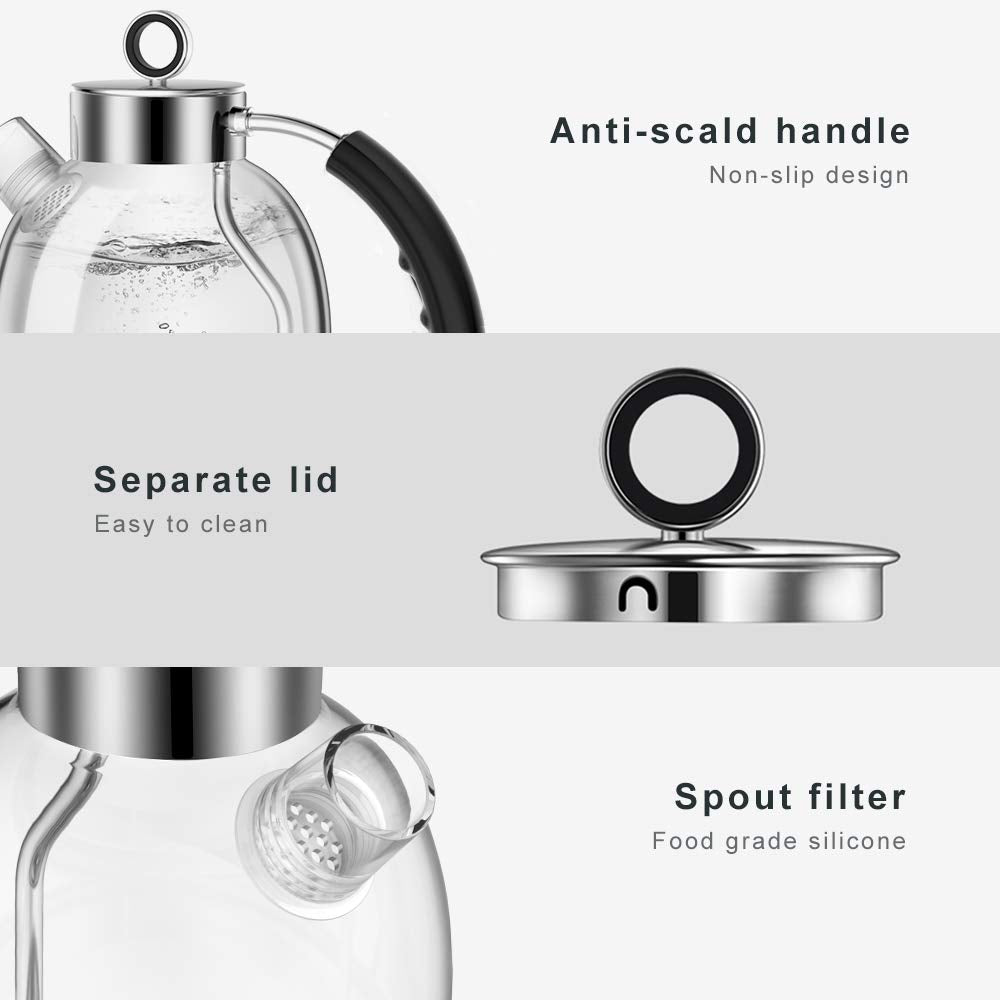 ASCOT Electric Kettle, Glass Electric Tea Kettle Gifts for Men/Women/Family 1.6L 1500W Borosilicate Glass Tea Heater, with Auto Shut-Off and Boil-Dry Protection (Silver)