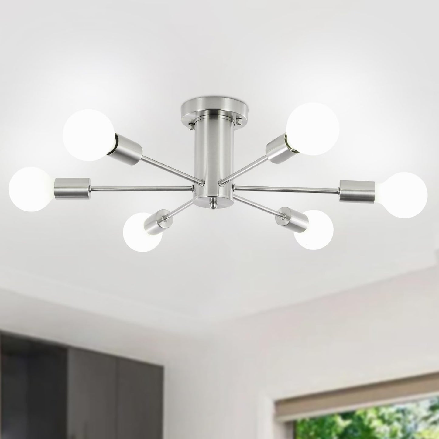 KOSTOMO Kitchen Light Fixtures 6 Lights Ceiling Lights Fixture Nickel Modern Semi Flush Mount Lighting Sputnik Chandelier for Bedroom Dining Room Hallway