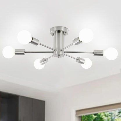 KOSTOMO Kitchen Light Fixtures 6 Lights Ceiling Lights Fixture Nickel Modern Semi Flush Mount Lighting Sputnik Chandelier for Bedroom Dining Room Hallway