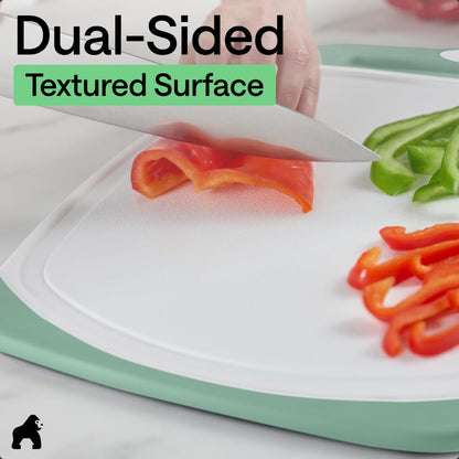 GORILLA GRIP BPA-Free Reversible Kitchen Cutting Board Set of 3, US Designed, Nonporous, Juice Grooves Catch Liquid, Slip Resistant Border, Dishwasher Safe Large Food Chopping Boards, Gray Mint Pink