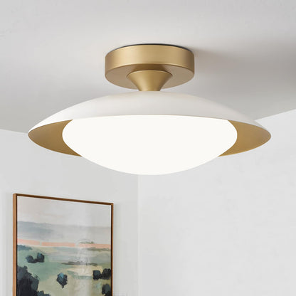 Dimmable Modern Mid-Century Ceiling Light, White and Gold LED Semi Flush Mount Ceiling Light, 5CCT 2700K-6000K Lighting Fixture Ceiling Lamp with Glass Shade for Bedroom Hallway Kitchen, 12.6in