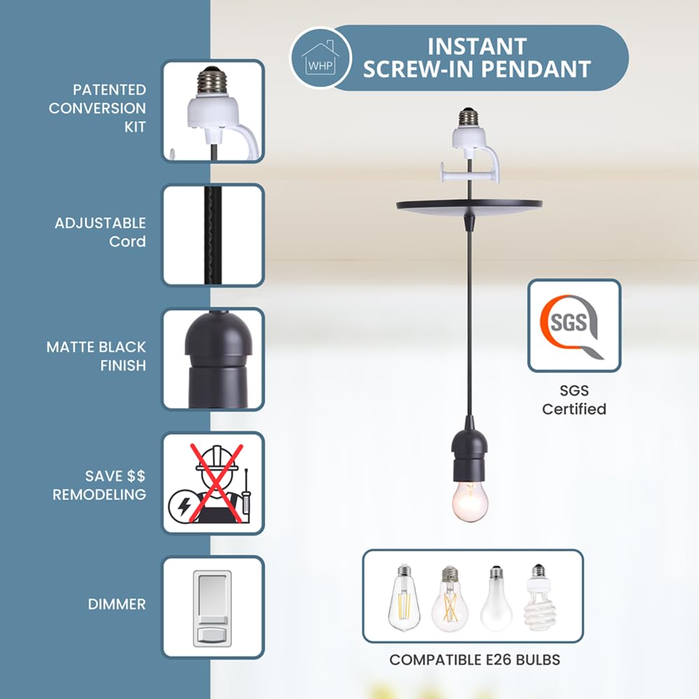 Worth Home Products The Original Instant Pendant Light | 6-Inch Recessed Can Screw-in Pendant Conversion Kit | Matte Black Pendant (Adapter Only – Bulb Not Included)