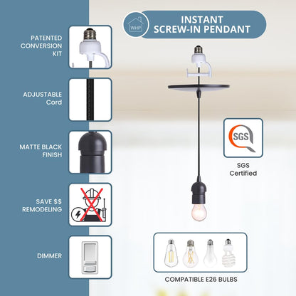 Worth Home Products The Original Instant Pendant Light | 6-Inch Recessed Can Screw-in Pendant Conversion Kit | Matte Black Pendant (Adapter Only – Bulb Not Included)