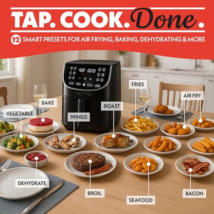 Gourmia Air Fryer - 7 Qt Large Capacity, FryForce 360º, Digital Display with 12 Presets, Roast, Bake, Broil, Dehydrate, Dishwasher Safe Accessories, Black