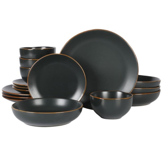 Gibson Home Hazeltine 16-Piece Black Stoneware Dinnerware Set – Plates and Bowls, Durable Ceramic Kitchen Dinner Set