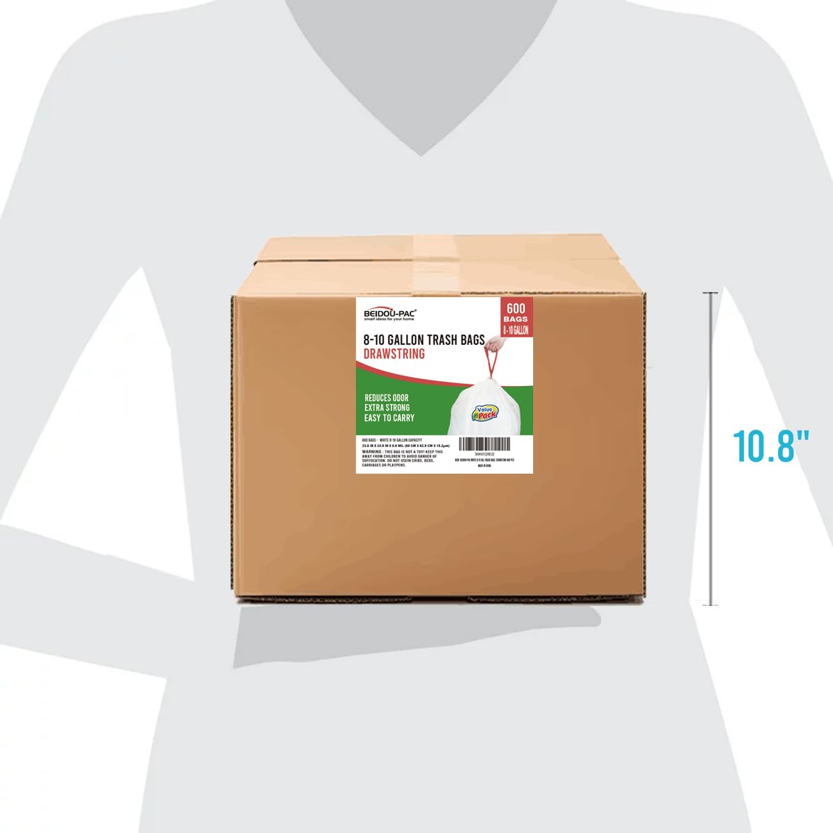 BEIDOU-PAC 8-10 Gallon Trash Bags Drawstring, 600 Count, White & Unscented Garbage Bags Multi-purpose for Business Home Bathroom Kitchen Commercial and Industrial