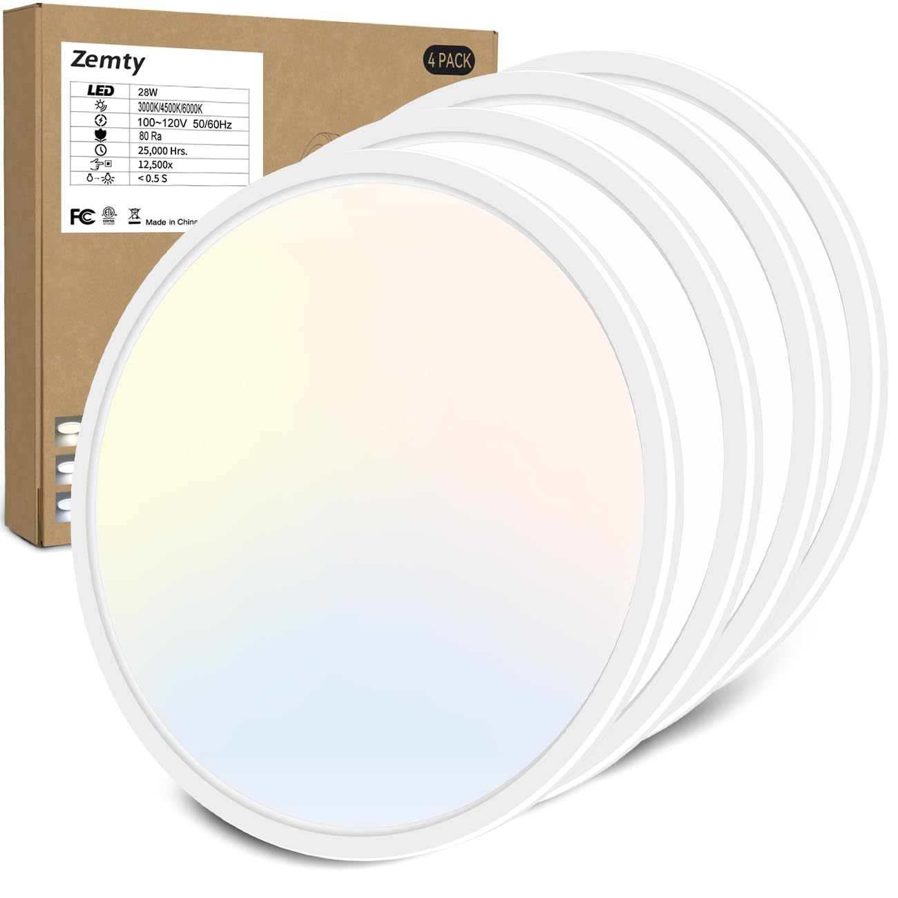 zemty 4Pack 12 Inch LED Ceiling Light Flush Mount, 24W 2640lm Super Slim Flush Mount Ceiling Lamp Fixtures, 3000K/3500K/4000K/5000K/6500K Selectable for Bedroom Bathroom Kitchen Living Room (White)
