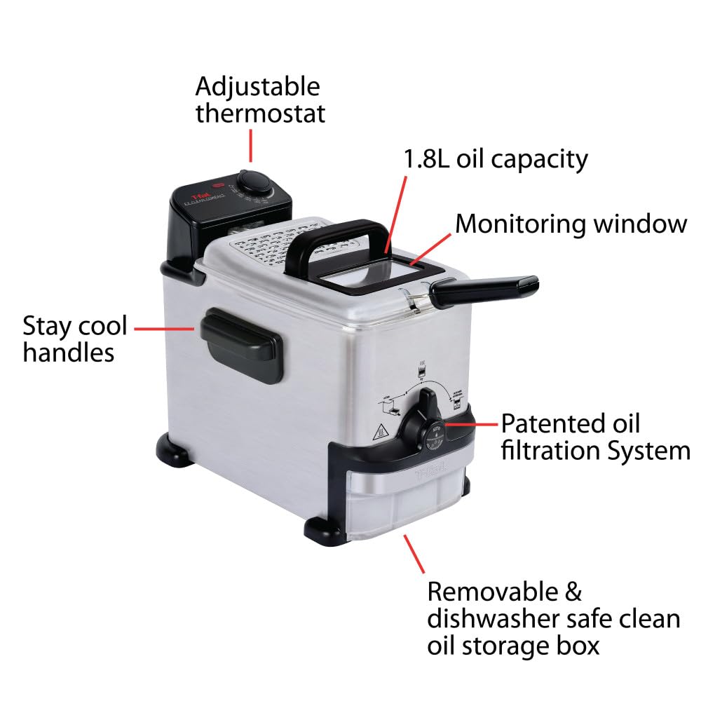 T-fal Compact EZ Clean Stainless Steel Deep Fryer with Basket for Home Use, 1.8 Liter Oil and 1.7 Pound Food Capacity, 1200 Watts, Easy Clean Temp Control, Oil Filtration, 1.8 L