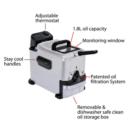 T-fal Compact EZ Clean Stainless Steel Deep Fryer with Basket for Home Use, 1.8 Liter Oil and 1.7 Pound Food Capacity, 1200 Watts, Easy Clean Temp Control, Oil Filtration, 1.8 L