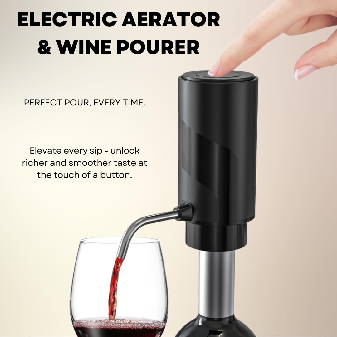 Rechargeable Electric Automatic Wine Bottle Opener Electric Aerator Foil Cutter Vacuum Stopper Pourer 7in1 Wine Accessories Set w Storage Stand Sleek Design Wine Lover Gift Home Kitchen Bar Must-Have