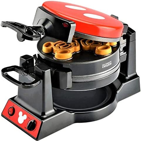 Disney Mickey Mouse MIC-62 Double Flip Waffle Maker by Select Brands - Nonstick Mini Waffle Iron with Rotating Design - Makes 6 Mickey Waffles - Variable Shade Control