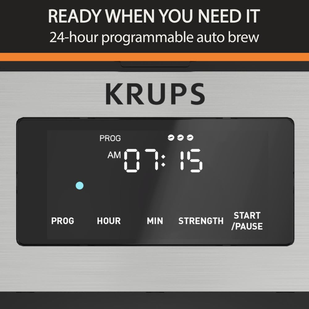 KRUPS Simply Brew: Stainless Steel and Glass Carafe 12 Cup Drip Coffee Maker, Programmable with Digital Display, Dishwasher Safe, Drip Free Coffee Machine, Black and Silver