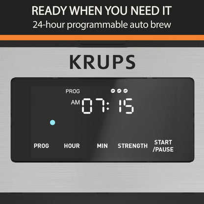 KRUPS Simply Brew: Stainless Steel and Glass Carafe 12 Cup Drip Coffee Maker, Programmable with Digital Display, Dishwasher Safe, Drip Free Coffee Machine, Black and Silver