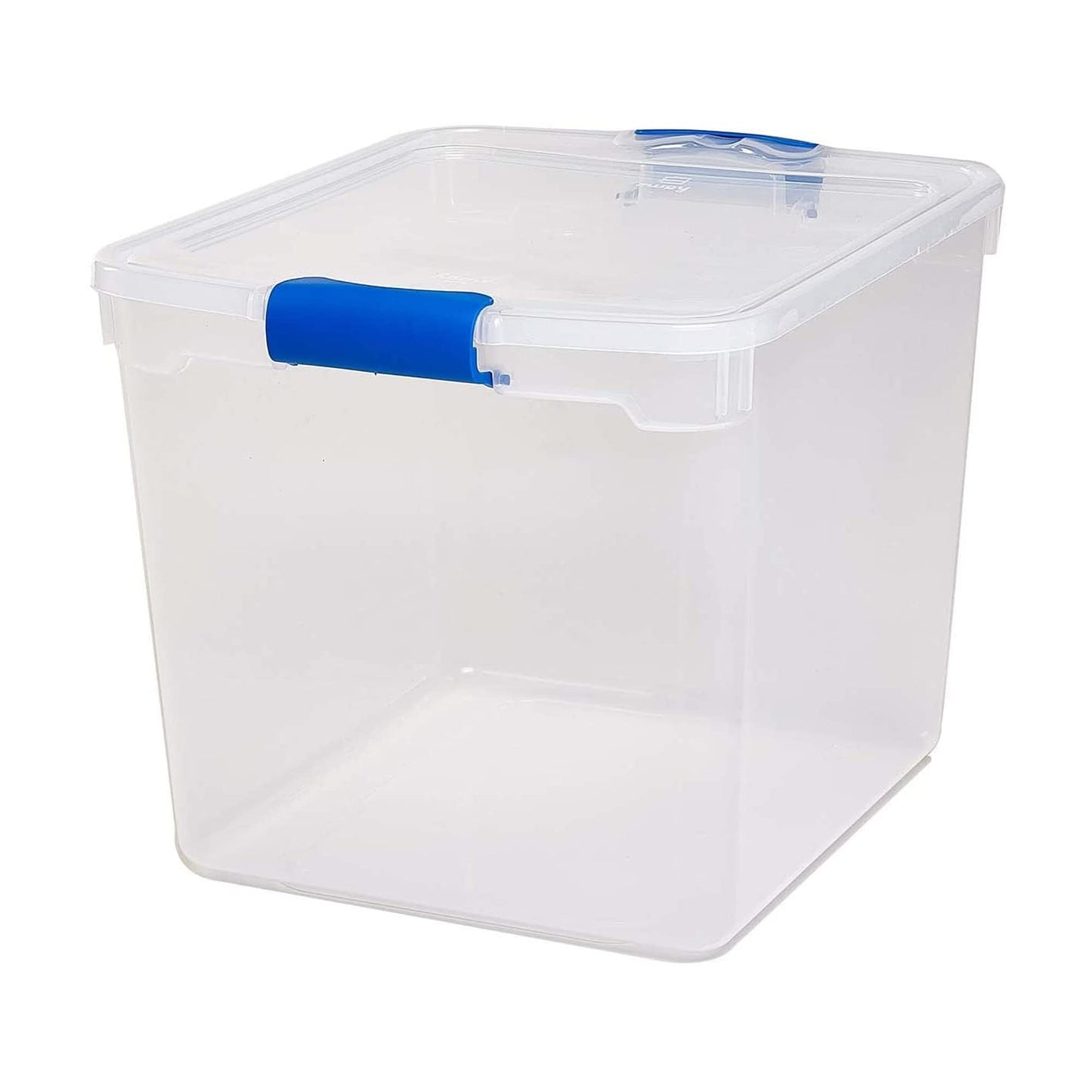 HOMZ 4-Pack 31 Quart Latching Lid, Clear Plastic Storage Organizer Bins, Blue – Stackable Containers for Home & Office Shelves, Kitchen, Garage, and Bathroom Organization