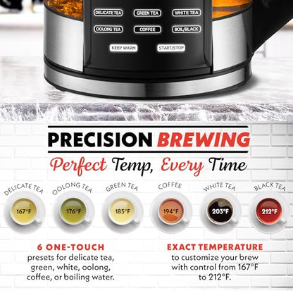 Gourmia Electric Programmable Glass Kettle – 1.7L Temperature Control Tea & Coffee Kettle with Digital Touch Display, 6 Presets, Keep Warm, Removable Stainless Steel Infuser, 360° Swivel Base – Black