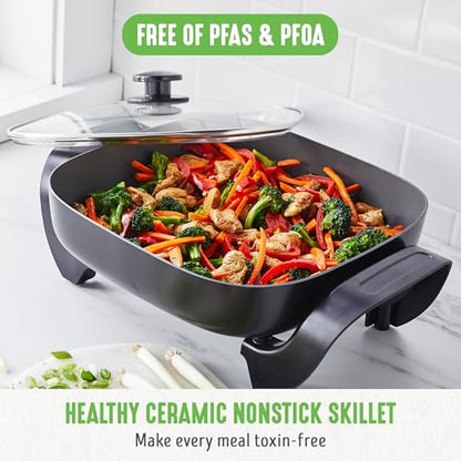 GreenLife 12" 5QT Square Electric Skillet, Glass Vented Lid, Ceramic PFAS-Free Nonstick Coated Interior, Adjustable Temperature Control, Cool Touch Handles, Quick Even Heating, Scratch Resistant,Black