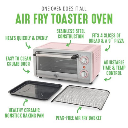GreenLife Countertop Toaster Oven Air Fryer Stainless Steel, Healthy Ceramic Nonstick, PFAS Free, Tray & Basket, Bake, Broil, Reheat, Adjustable Temp & Time Control, Auto Shutoff, Pink