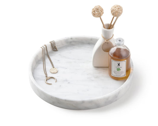 PHINILUX 𝐋𝐮𝐱𝐮𝐫𝐲 𝐈𝐭𝐚𝐥𝐢𝐚𝐧 100% Marble Round Vanity Tray 10‘’, Minimalist Modern Decor & Serving Trays for Bathroom, Kitchen, Nightstand, Jewelry Ring Dish Holder, Table Accents Decor, White