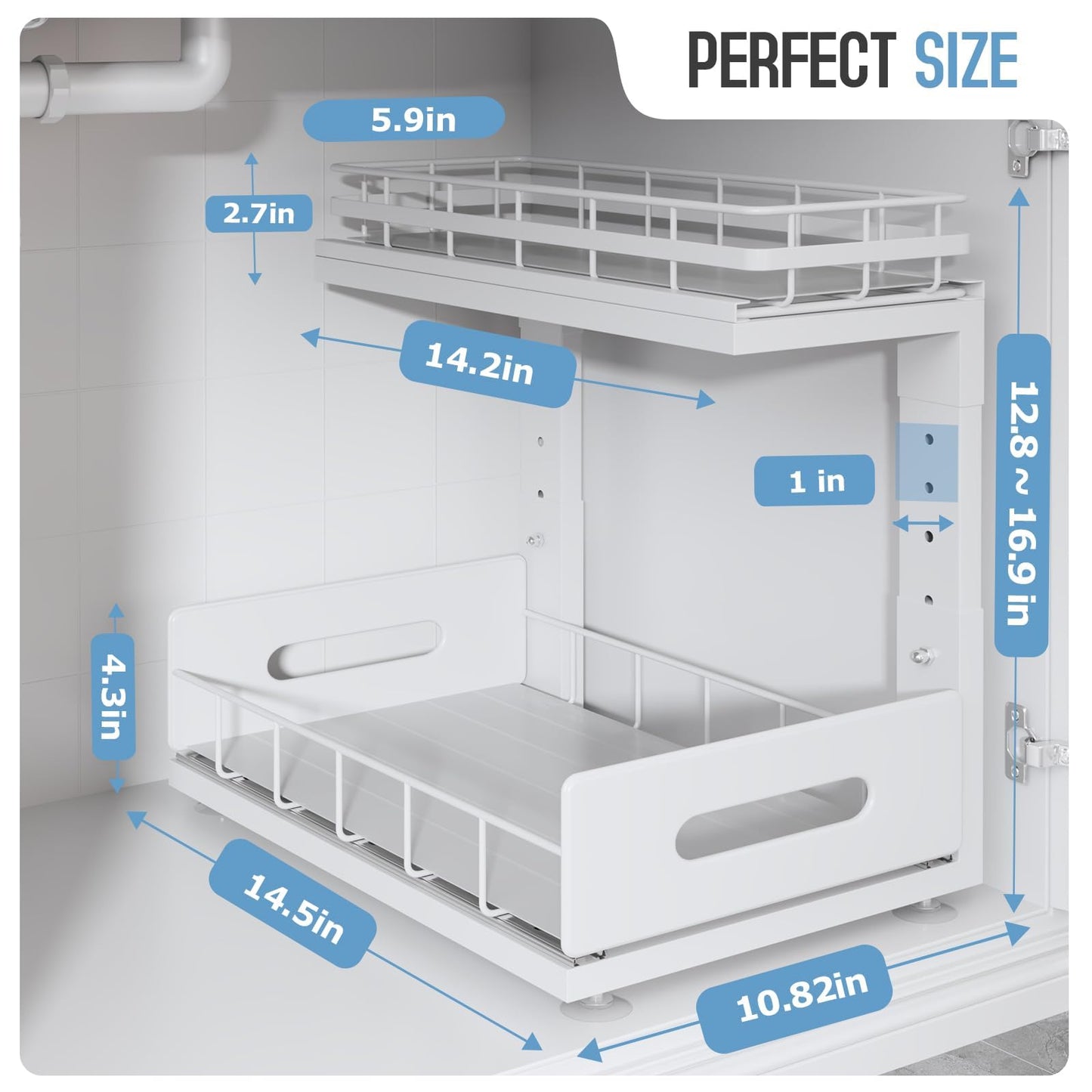 Biboraya Under Sink Organizer Upgrade To Professional Rails,2-Tier Dual Pull Out Cabinet Storage,Height Adjustable Slide Out Drawers For Bathroom Kitchen,2 Pack-14.5"Dx12.8"-16.9"H,White