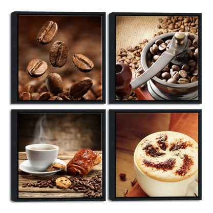 Wieco Art Black Framed 4 Panels Canvas Wall Art Coffee Bean Kitchen Canvas Prints Wall Art for Living Room Decor Bedroom Home Bathroom Wall Decor