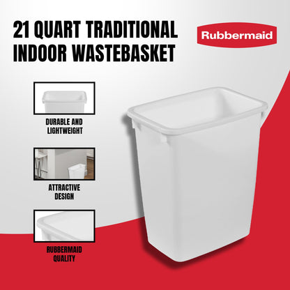 Rubbermaid 3 Pack Traditional Open Top Waste Basket Indoor Trash Bin Container for Bathrooms, Kitchens, and Home Office, 21 Quart, White