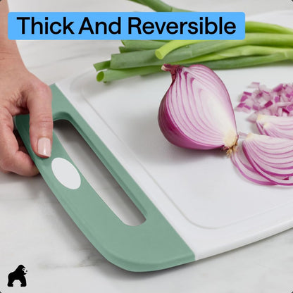 GORILLA GRIP BPA-Free Reversible Kitchen Cutting Board Set of 3, US Designed, Nonporous, Juice Grooves Catch Liquid, Slip Resistant Border, Dishwasher Safe Large Food Chopping Boards, Gray Mint Pink