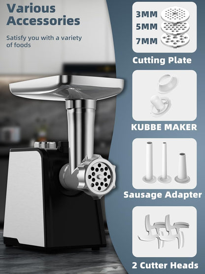 Oaomi 3200W Max Electric Meat Grinder & Sausage Stuffer - Mincer Machine with Tool 2 Blade And 3 Plates, 3 Tubes & Kubbe Kit Tool for Home Kitchen Use（Black）